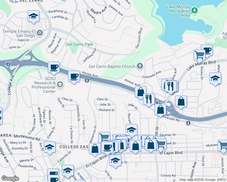map of restaurants, bars, coffee shops, grocery stores, and more near 6799 Alvarado Road in San Diego