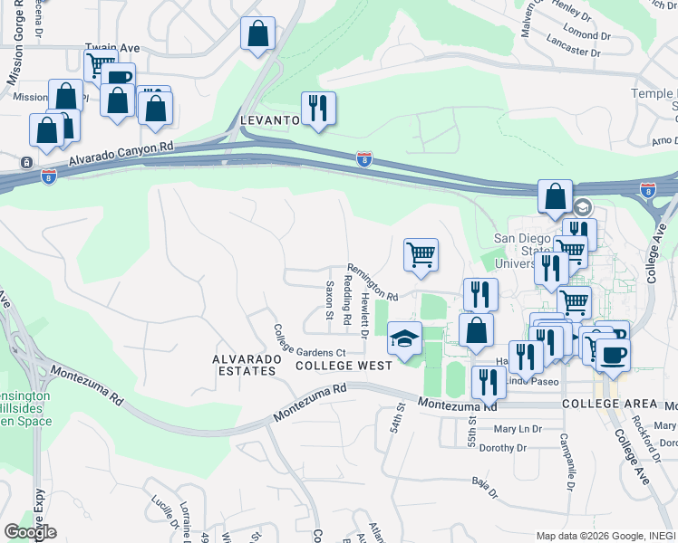 map of restaurants, bars, coffee shops, grocery stores, and more near 5230 Remington Road in San Diego