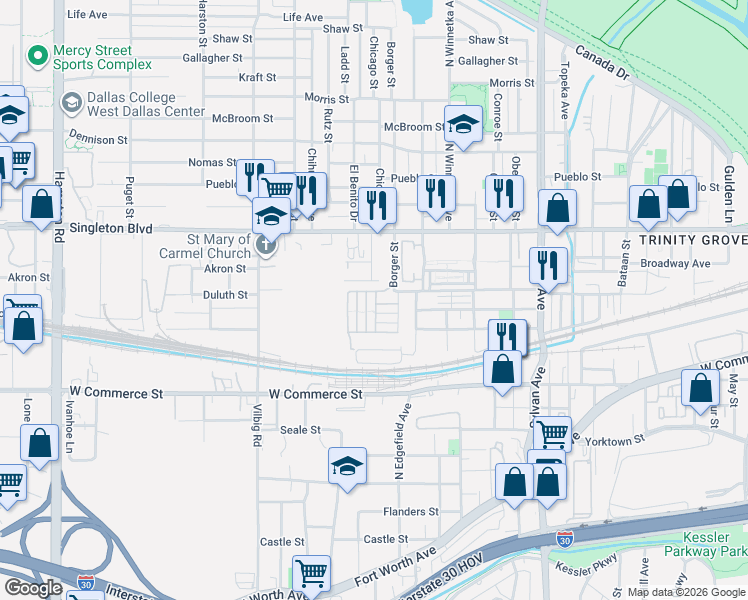 map of restaurants, bars, coffee shops, grocery stores, and more near 1314 Duluth Street in Dallas
