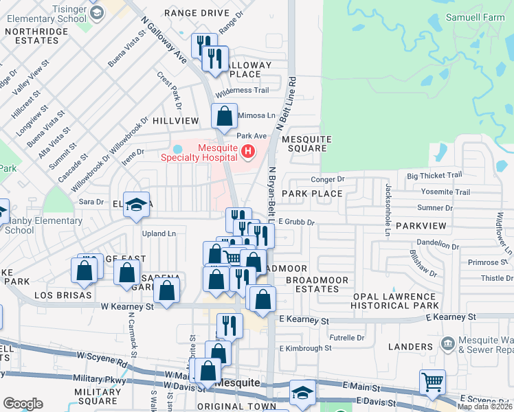 map of restaurants, bars, coffee shops, grocery stores, and more near 1000 North Galloway Avenue in Mesquite
