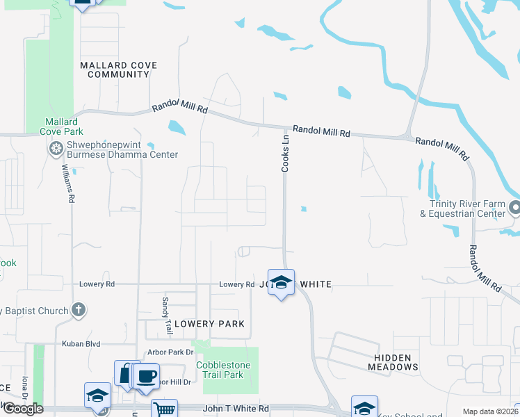 map of restaurants, bars, coffee shops, grocery stores, and more near 210 Cooks Lane in Fort Worth
