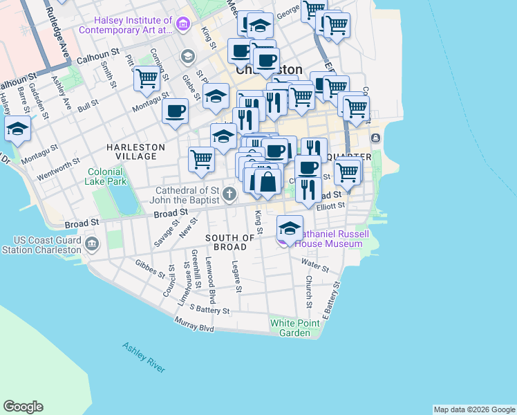 map of restaurants, bars, coffee shops, grocery stores, and more near in Charleston