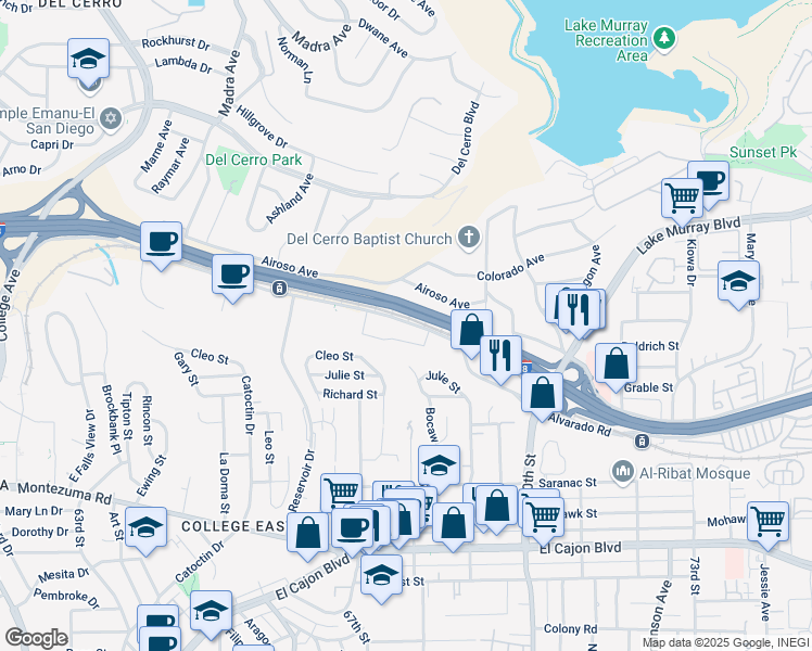 map of restaurants, bars, coffee shops, grocery stores, and more near 6831 Alvarado Road in San Diego