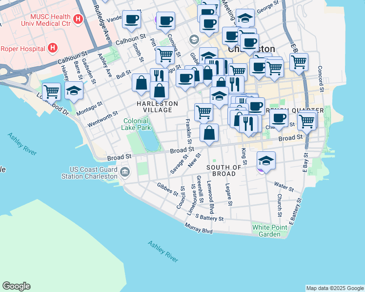 map of restaurants, bars, coffee shops, grocery stores, and more near in Charleston