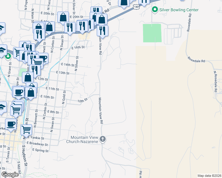 map of restaurants, bars, coffee shops, grocery stores, and more near 1112 Mountain View Road in Silver City