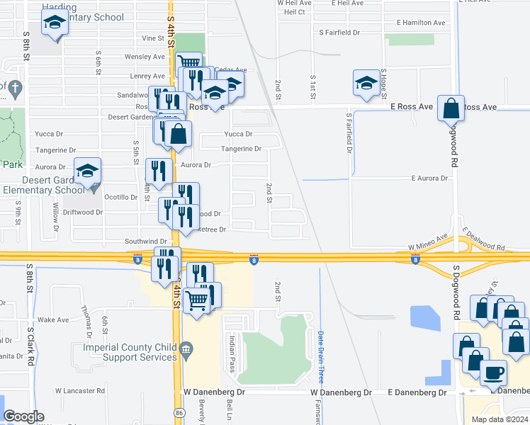 map of restaurants, bars, coffee shops, grocery stores, and more near 1901-1999 2nd Street in El Centro