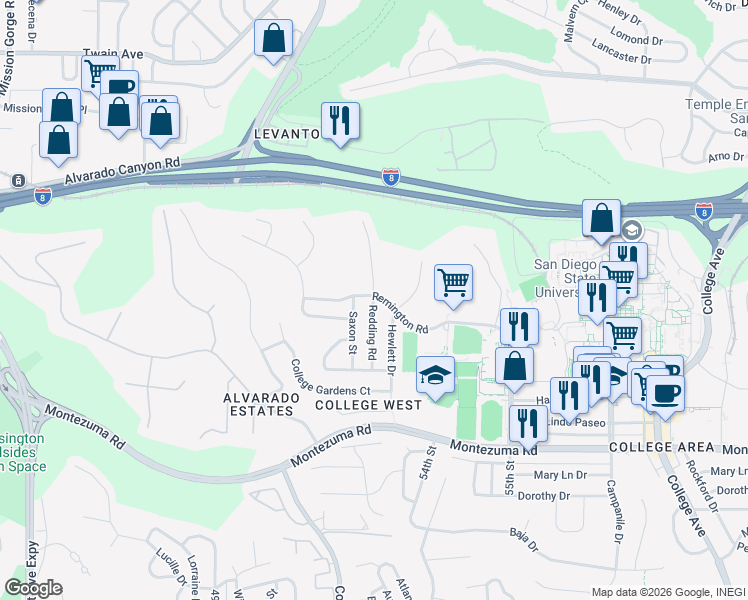 map of restaurants, bars, coffee shops, grocery stores, and more near 5230 Remington Road in San Diego