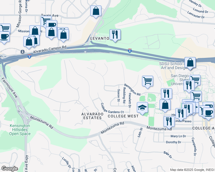 map of restaurants, bars, coffee shops, grocery stores, and more near 5140 Remington Road in San Diego