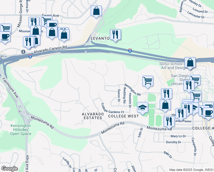 map of restaurants, bars, coffee shops, grocery stores, and more near 5412 Drover Drive in San Diego
