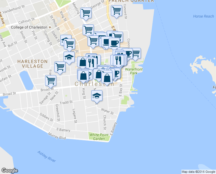 map of restaurants, bars, coffee shops, grocery stores, and more near 43 Broad Street in Charleston