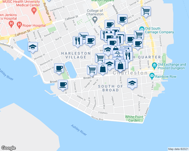 map of restaurants, bars, coffee shops, grocery stores, and more near 154 Broad Street in Charleston