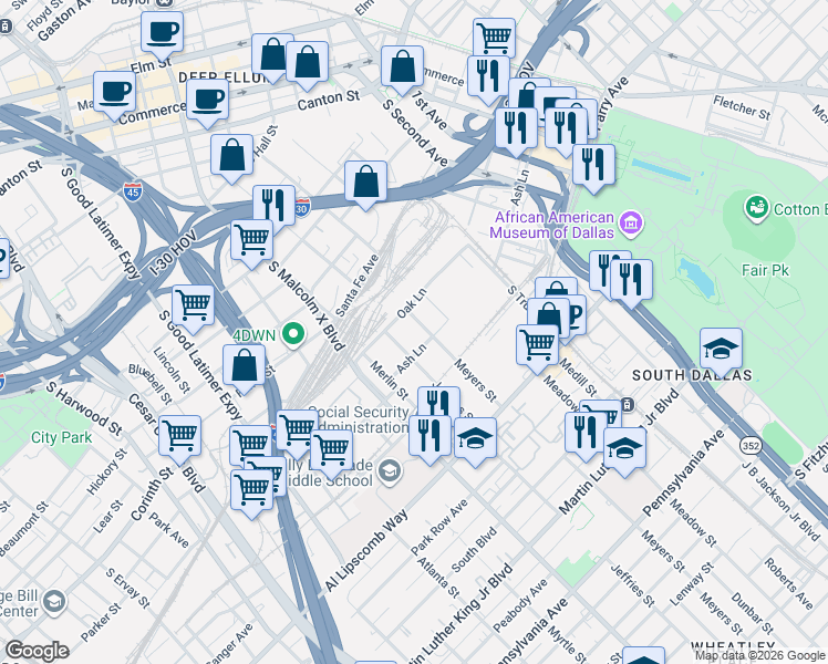 map of restaurants, bars, coffee shops, grocery stores, and more near 2414 Meyers Street in Dallas
