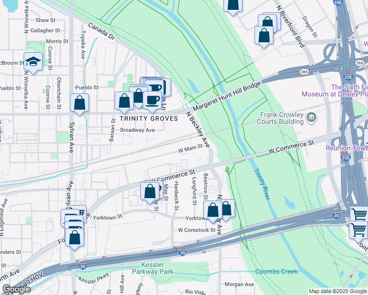 map of restaurants, bars, coffee shops, grocery stores, and more near 227 West Main Street in Dallas