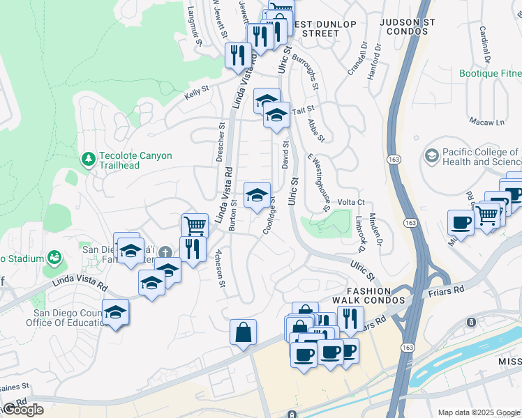 map of restaurants, bars, coffee shops, grocery stores, and more near 6905 Kramer Street in San Diego