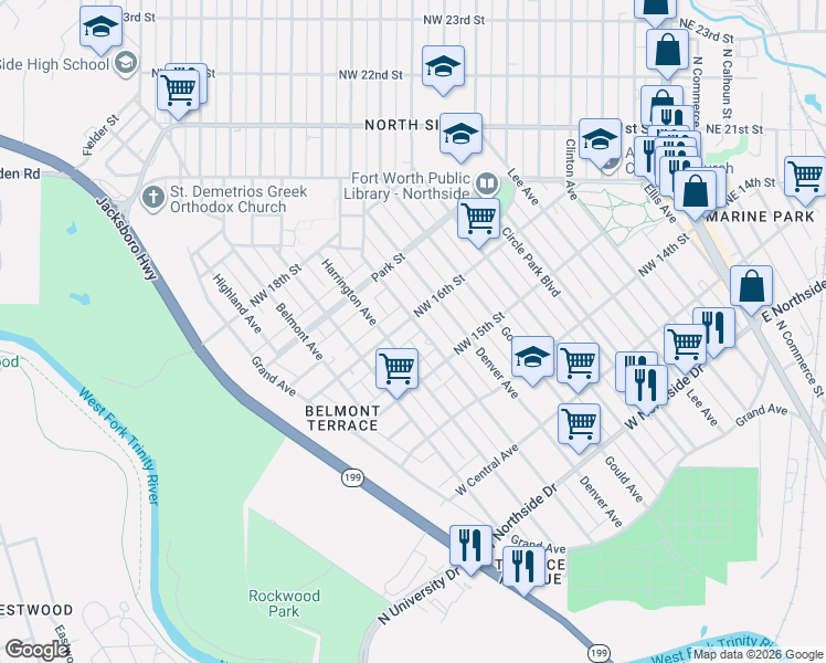map of restaurants, bars, coffee shops, grocery stores, and more near 1624 Lagonda Avenue in Fort Worth