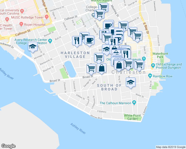 map of restaurants, bars, coffee shops, grocery stores, and more near 162 Broad Street in Charleston