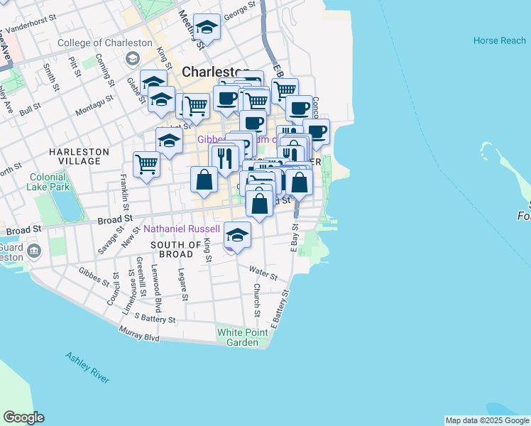 map of restaurants, bars, coffee shops, grocery stores, and more near 102 Church Street in Charleston
