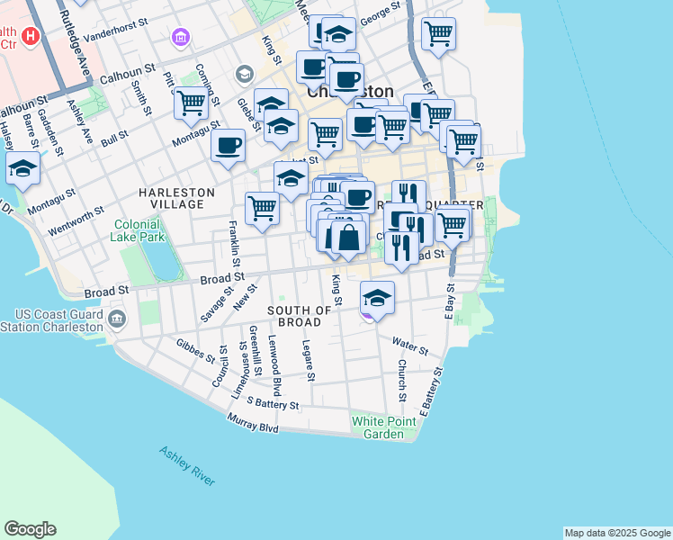 map of restaurants, bars, coffee shops, grocery stores, and more near 103 Broad Street in Charleston