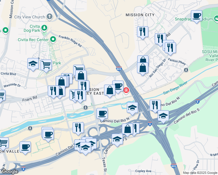map of restaurants, bars, coffee shops, grocery stores, and more near Rio San Diego Drive in San Diego