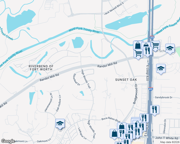 map of restaurants, bars, coffee shops, grocery stores, and more near 6200 Randol Mill Road in Fort Worth