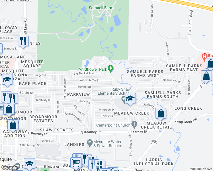 map of restaurants, bars, coffee shops, grocery stores, and more near 911 Sumner Drive in Mesquite