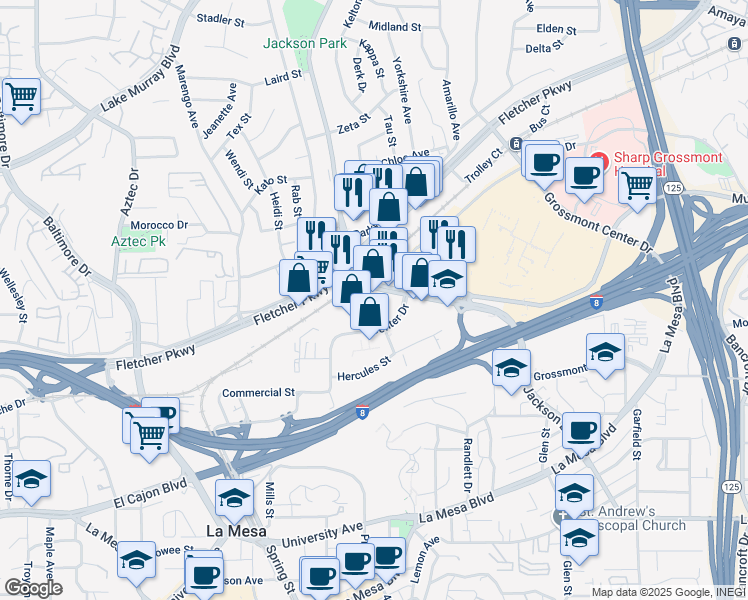 map of restaurants, bars, coffee shops, grocery stores, and more near 5341 Jackson Drive in La Mesa