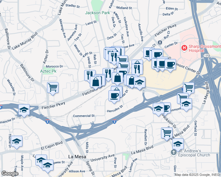 map of restaurants, bars, coffee shops, grocery stores, and more near 5360 Jackson Drive in La Mesa