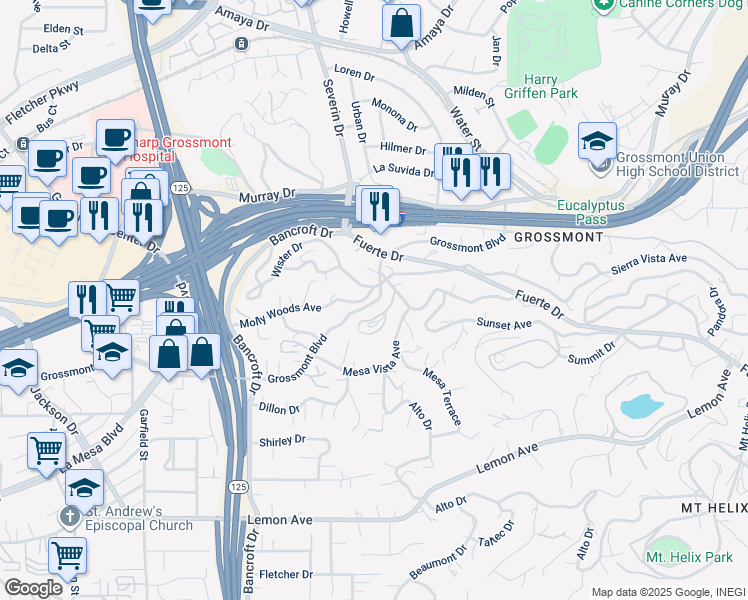 map of restaurants, bars, coffee shops, grocery stores, and more near Grossmont Boulevard in La Mesa