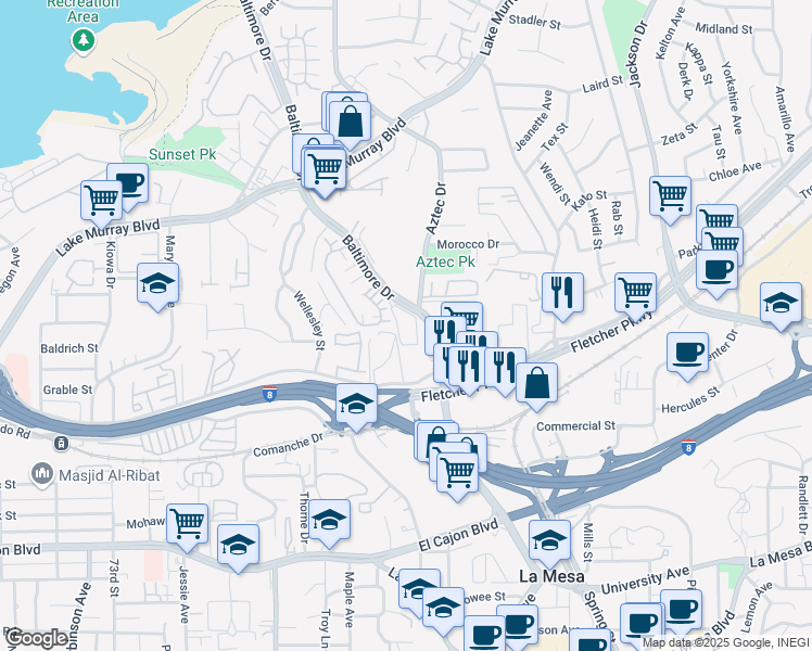 map of restaurants, bars, coffee shops, grocery stores, and more near in La Mesa