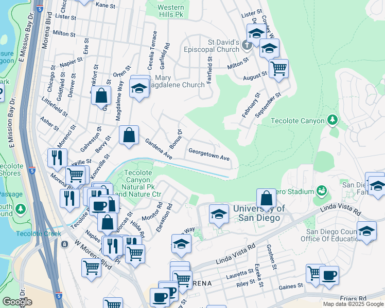 map of restaurants, bars, coffee shops, grocery stores, and more near 1836 Goldboro Street in San Diego