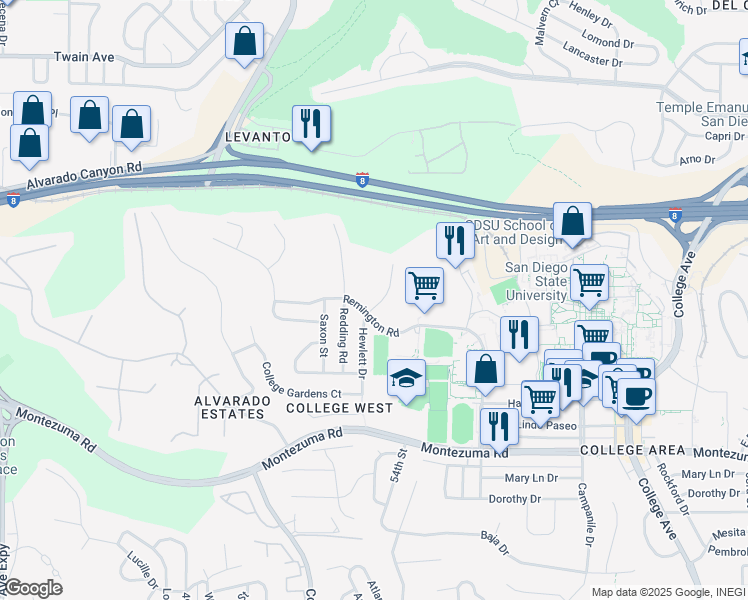 map of restaurants, bars, coffee shops, grocery stores, and more near 5410 Hewlett Drive in San Diego