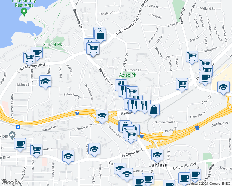 map of restaurants, bars, coffee shops, grocery stores, and more near 5350 Baltimore Drive in La Mesa