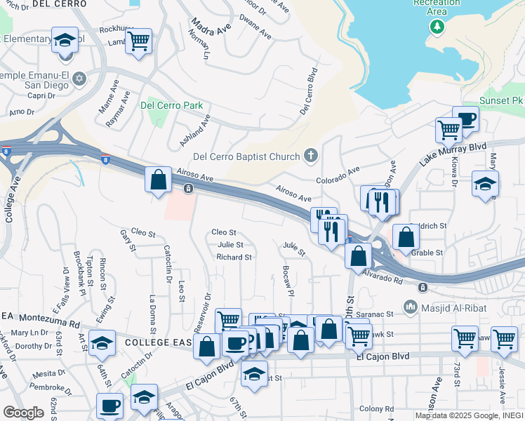 map of restaurants, bars, coffee shops, grocery stores, and more near 6799 Alvarado Road in San Diego