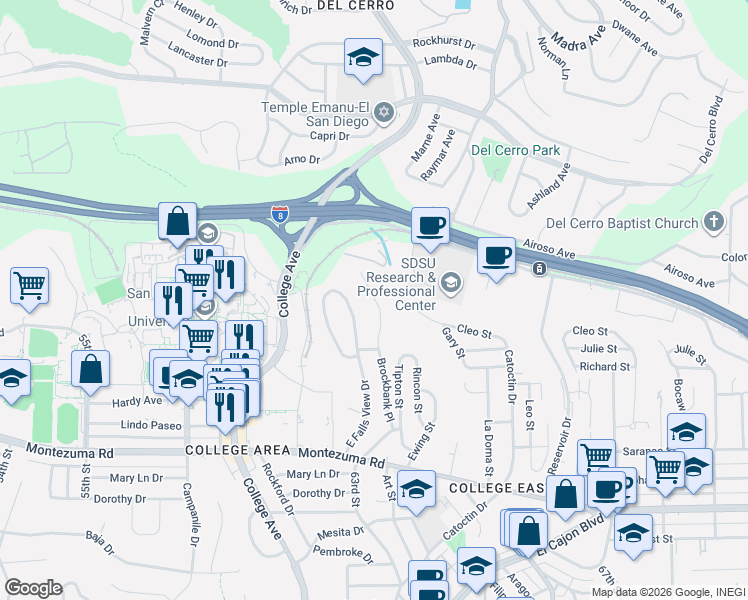 map of restaurants, bars, coffee shops, grocery stores, and more near 5416 Brockbank Place in San Diego