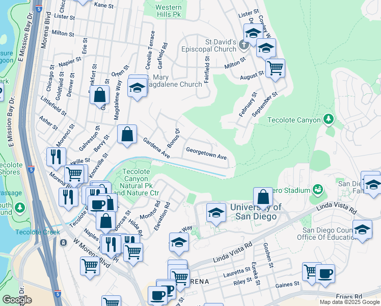 map of restaurants, bars, coffee shops, grocery stores, and more near 1836 Goldboro Street in San Diego
