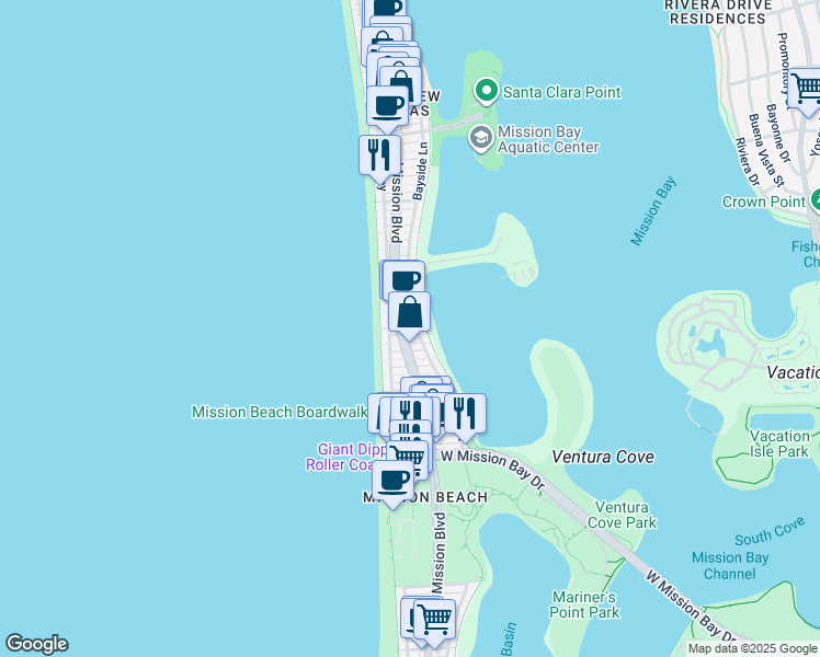 map of restaurants, bars, coffee shops, grocery stores, and more near 3411 Mission Boulevard in San Diego