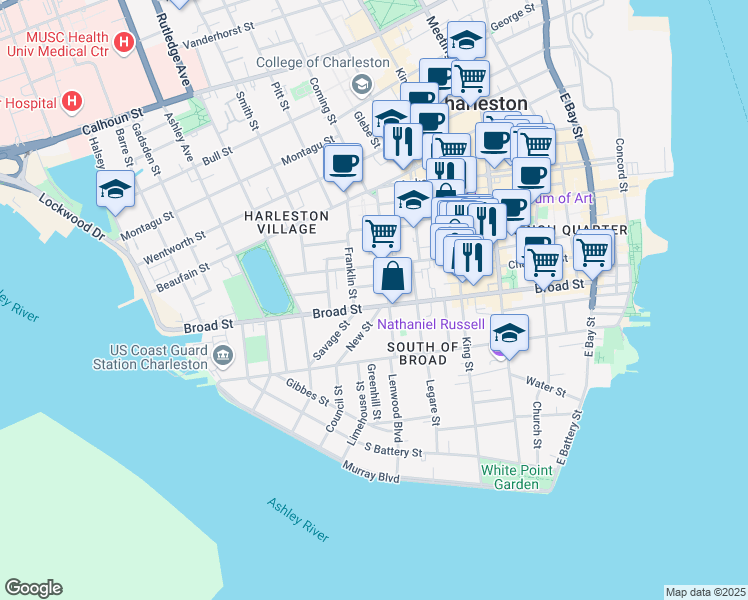 map of restaurants, bars, coffee shops, grocery stores, and more near 154 Broad Street in Charleston