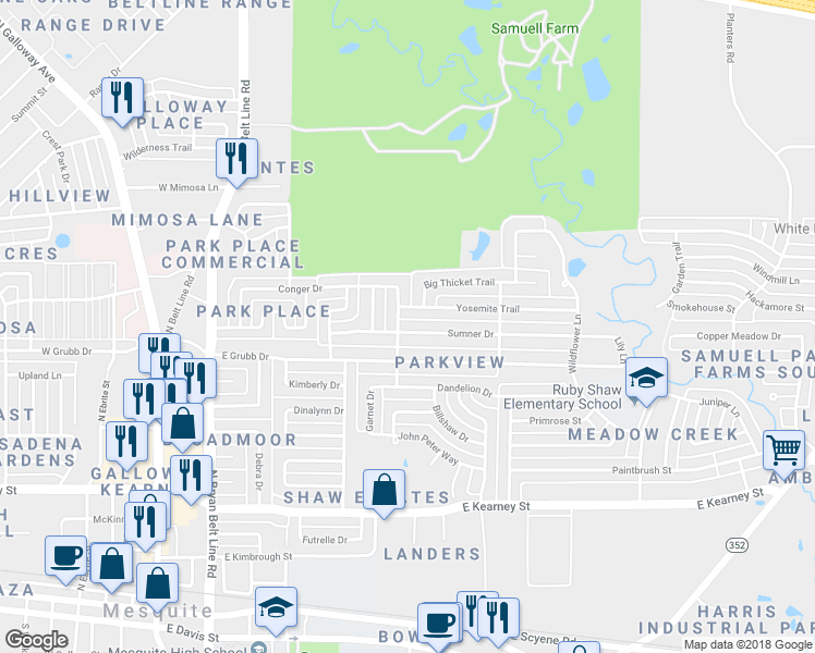 map of restaurants, bars, coffee shops, grocery stores, and more near 523 Sumner Drive in Mesquite