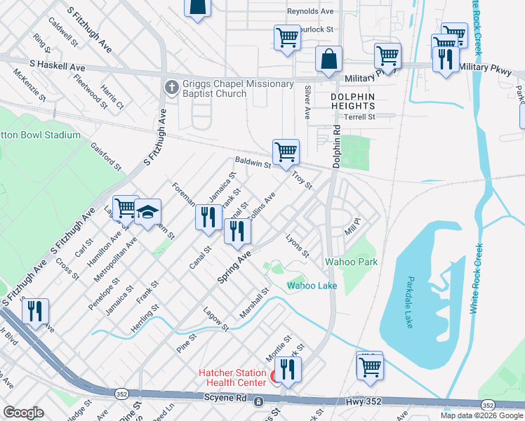 map of restaurants, bars, coffee shops, grocery stores, and more near 4619 Collins Avenue in Dallas