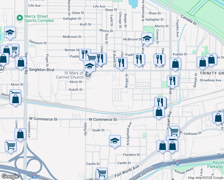 map of restaurants, bars, coffee shops, grocery stores, and more near 1426 Duluth Street in Dallas