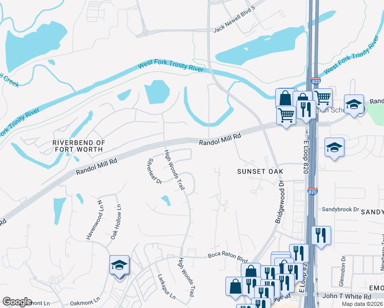 map of restaurants, bars, coffee shops, grocery stores, and more near 6200 Randol Mill Rd in Fort Worth