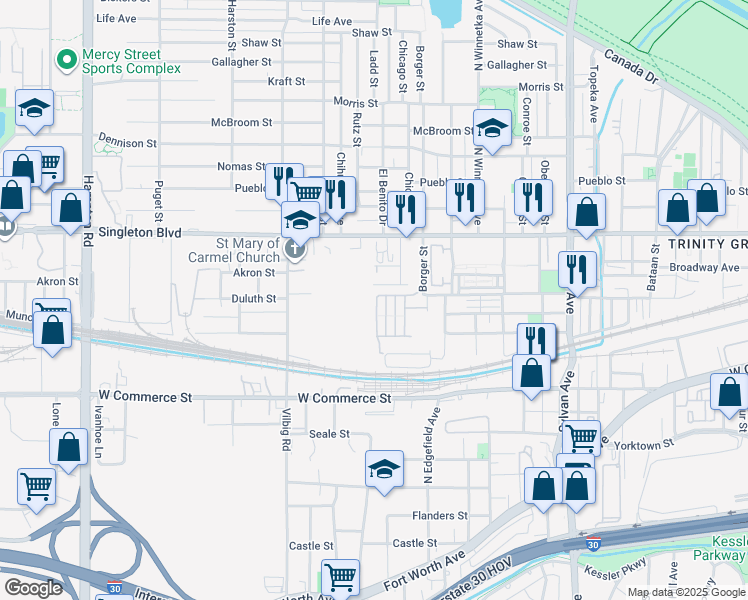 map of restaurants, bars, coffee shops, grocery stores, and more near 1426 Duluth Street in Dallas