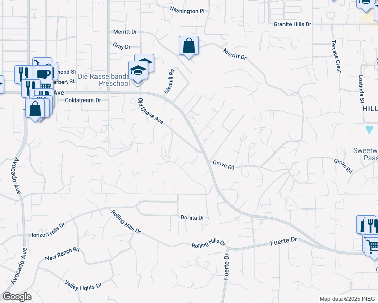 map of restaurants, bars, coffee shops, grocery stores, and more near 1325 Old Chase Avenue in El Cajon