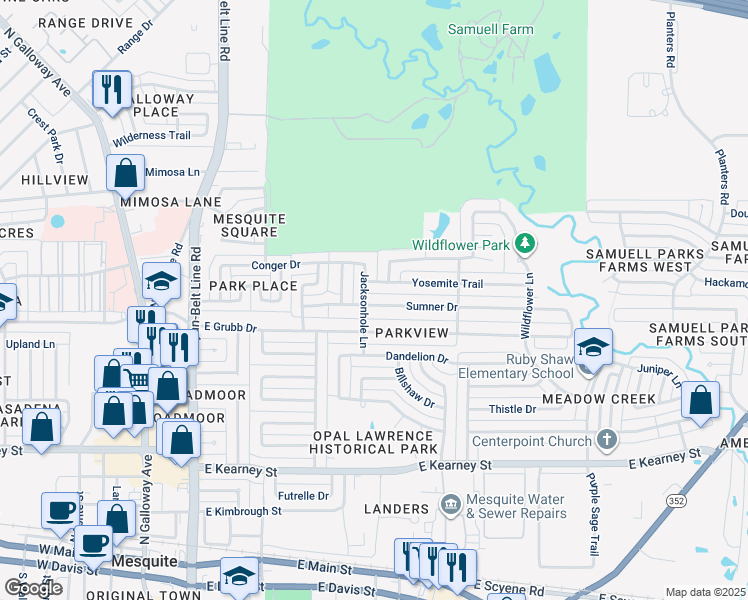map of restaurants, bars, coffee shops, grocery stores, and more near 523 Sumner Drive in Mesquite