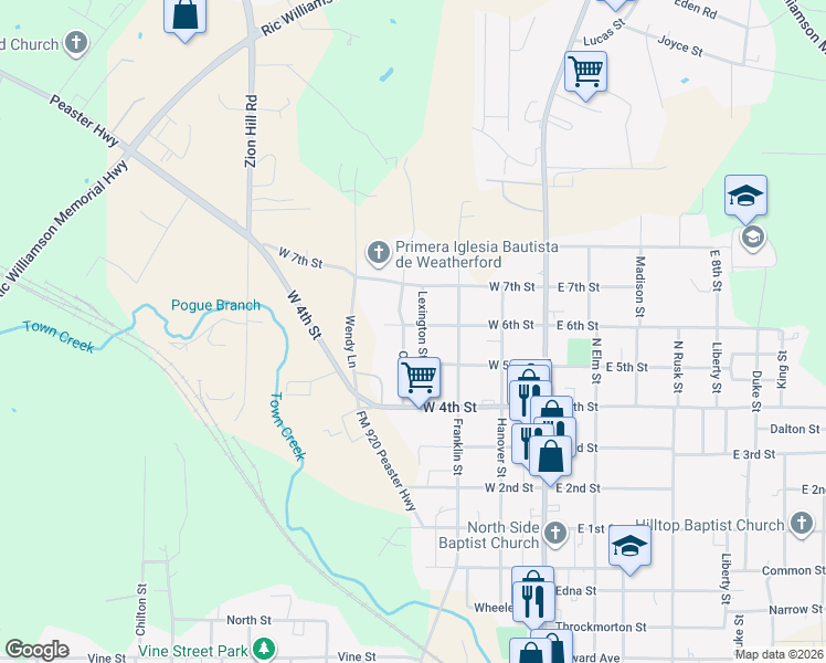map of restaurants, bars, coffee shops, grocery stores, and more near 1501 Oliver Street in Weatherford
