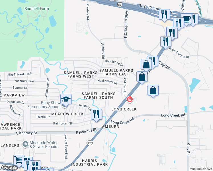 map of restaurants, bars, coffee shops, grocery stores, and more near 1557 Copper Meadow Drive in Mesquite