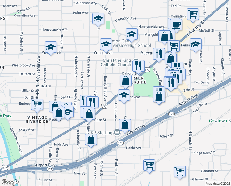 map of restaurants, bars, coffee shops, grocery stores, and more near 3511 East Belknap Street in Fort Worth