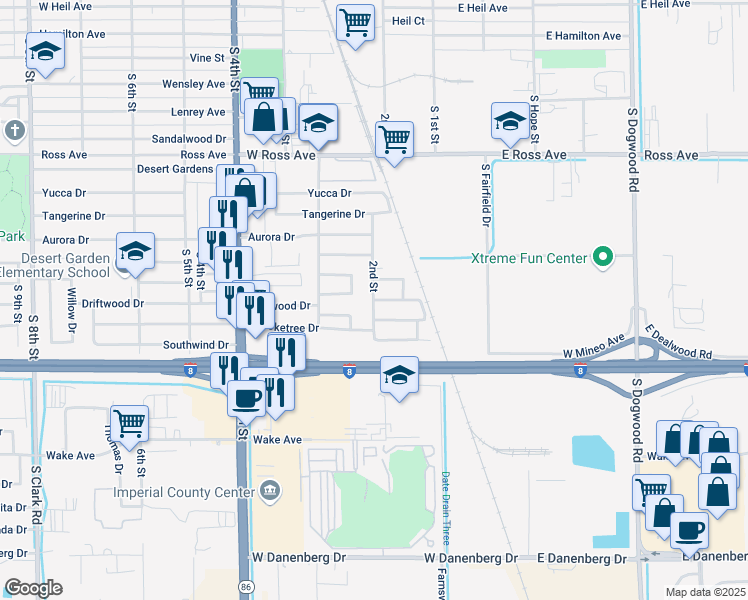 map of restaurants, bars, coffee shops, grocery stores, and more near 1999 2nd Street in El Centro
