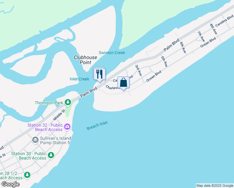 map of restaurants, bars, coffee shops, grocery stores, and more near 120 Ocean Boulevard in Isle of Palms