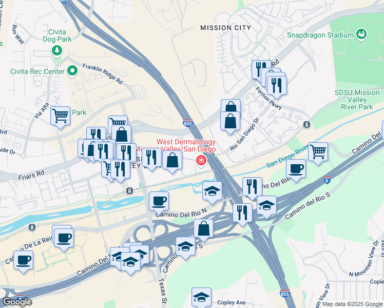 map of restaurants, bars, coffee shops, grocery stores, and more near 8954 Rio San Diego Drive in San Diego